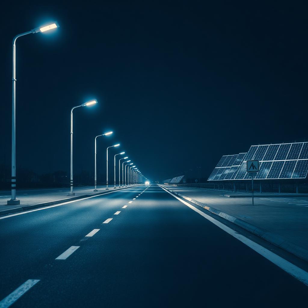 Nowoczesne oświetlenie LED i panele fotowoltaiczne przy drodze